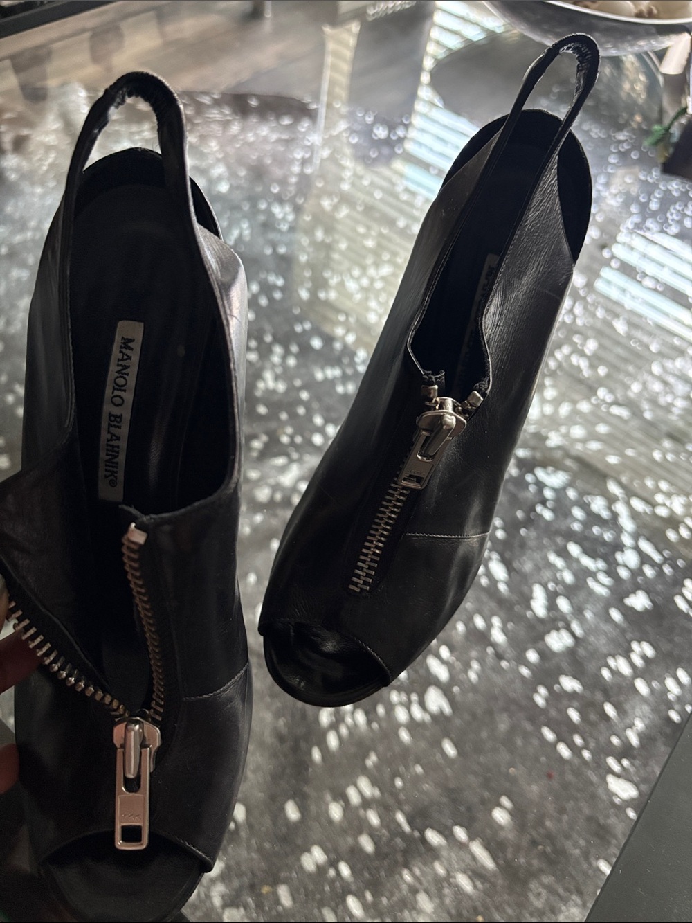 Manolo Blahnik Black Leather Peep-Toe Slingback Mules with Front Zipper
